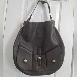 Authentic Fendi Brown Leather Shoulder Bag FF Logo Large Hobo Clean Interior